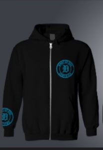 Black and Honolulu Blue Rhinestone zip up hoodie.